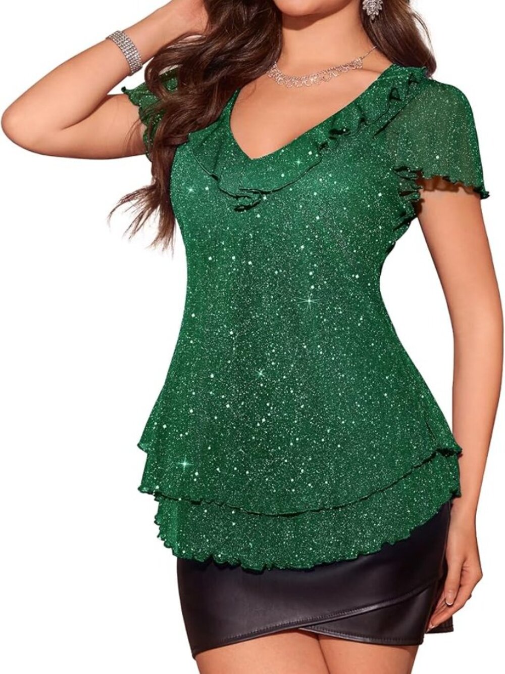 Women's Sparkly Tops Short Sleeve Glitter Casual Summer V-Neck Ruffle Top SZ XL - Picture 6 of 6